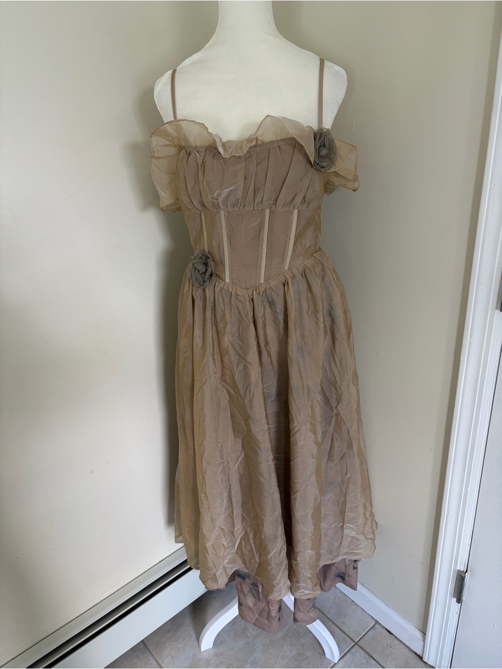 Taupe fairy corset rosette ruffle midi dress